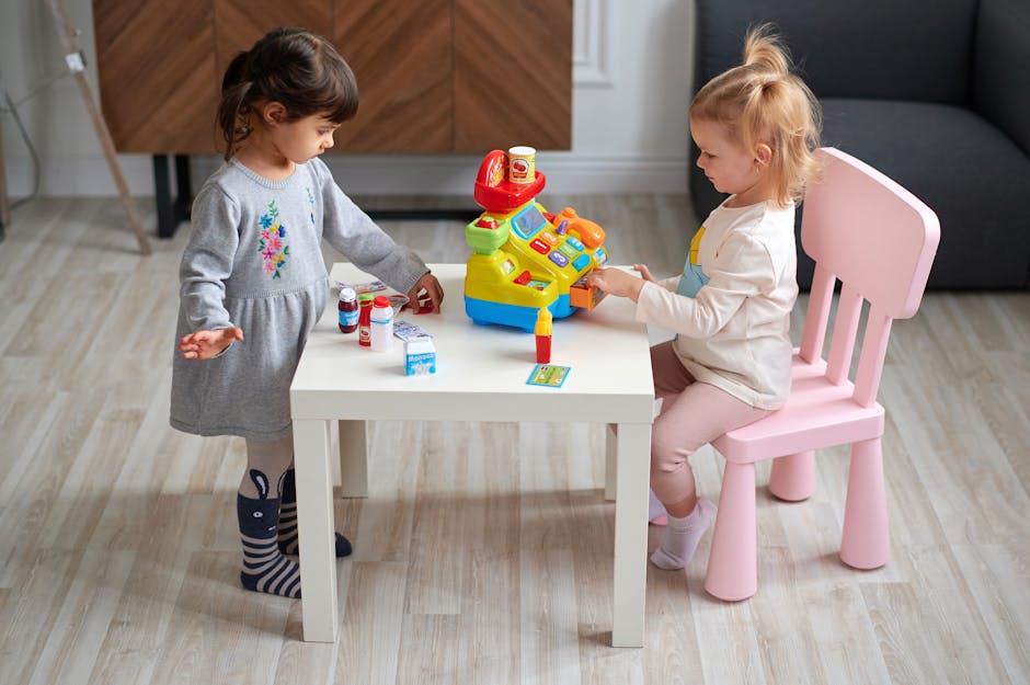 Child-friendly toy register next to real office paperwork